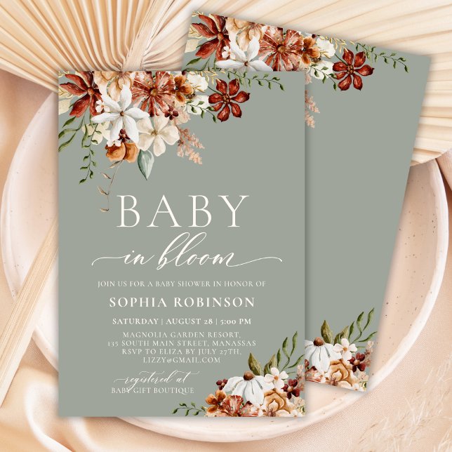 Baby in Bloom Boho Wildflower Green Baby Shower  Invitation (Creator Uploaded)
