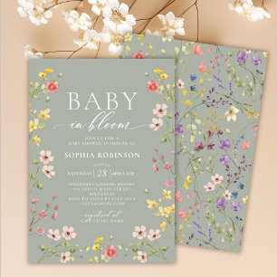 Baby in Bloom Boho Wildflower Green Baby Shower  Invitation