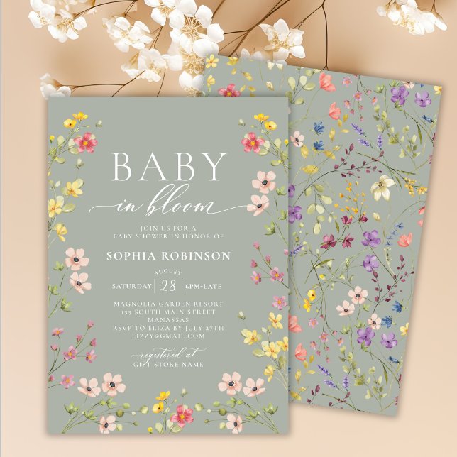 Baby in Bloom Boho Wildflower Green Baby Shower  Invitation (Creator Uploaded)