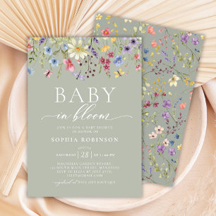 Baby in Bloom Boho Wildflower Green Baby Shower  Invitation