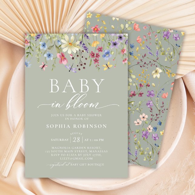 Baby in Bloom Boho Wildflower Green Baby Shower  Invitation (Creator Uploaded)