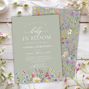 Baby in Bloom Boho Wildflower Green Baby Shower  Invitation