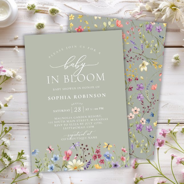 Baby in Bloom Boho Wildflower Green Baby Shower  Invitation (Creator Uploaded)