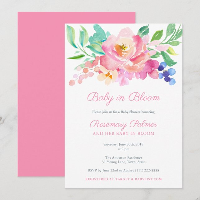 Baby In Bloom Bold Summer Floral Girl Baby Shower  Invitation (Front/Back)