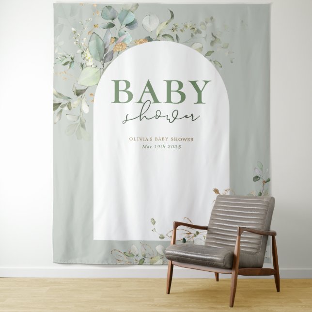 Baby in Bloom Botanical Eucalyptus Backdrop Tapestry (In Situ)