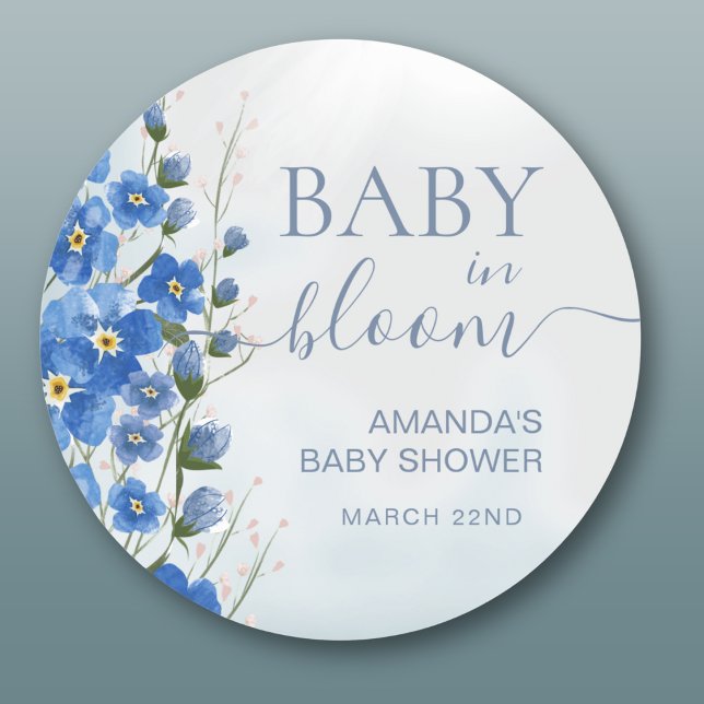 Baby in Bloom Boy Blue Floral Shower  Classic Round Sticker (Creator Uploaded)