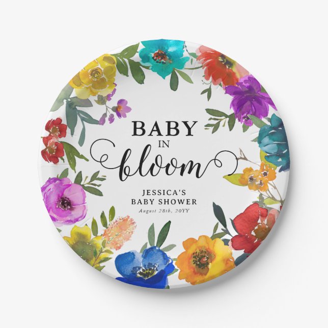 Baby in Bloom Bright & Bold Floral Baby Shower Paper Plate (Front)