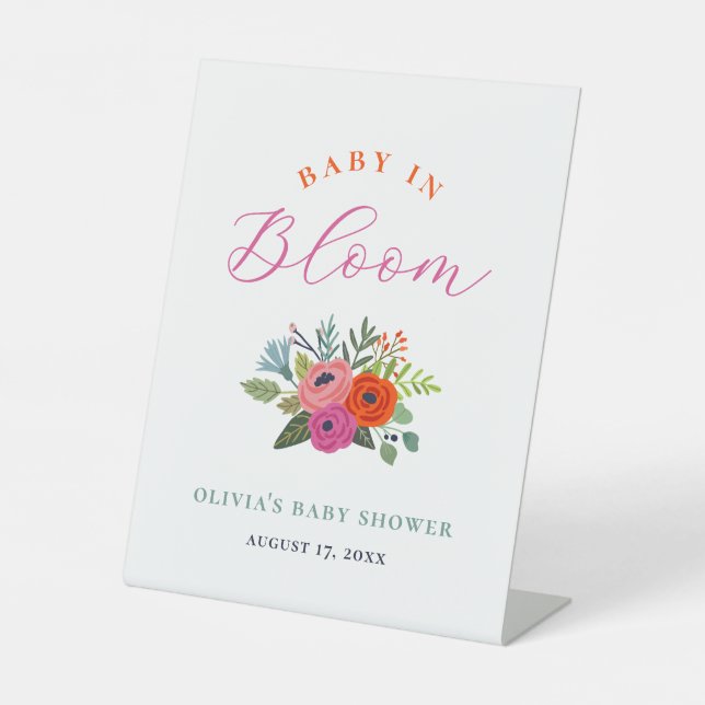 Baby in Bloom Bright Floral Baby Shower Welcome Pedestal Sign (Front)