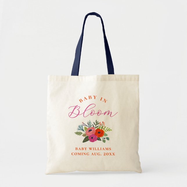 Baby in Bloom Bright Floral Pregnancy Announcement Tote Bag (Front)