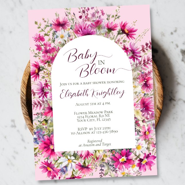 Baby in Bloom Bright Pink Floral Boho Baby Shower Invitation (Creator Uploaded)