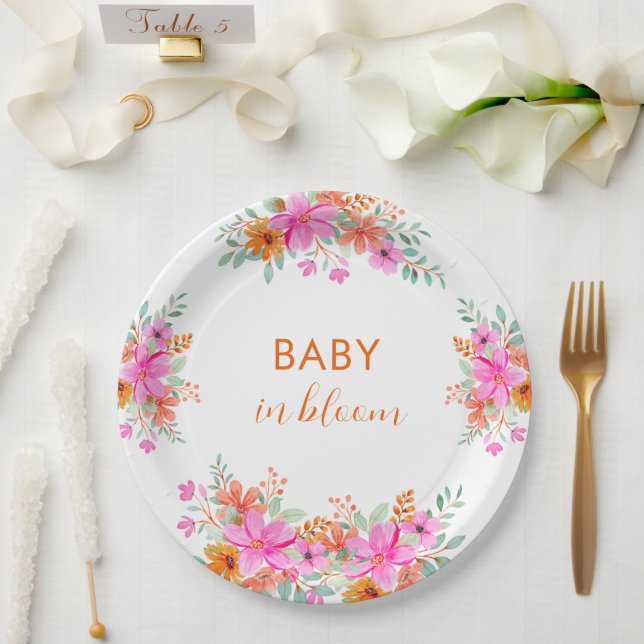 Baby in Bloom bright summer floral shower  Paper Plate (Wedding)