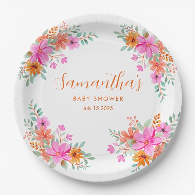 Baby in Bloom bright summer floral shower  Paper Plate (Front)