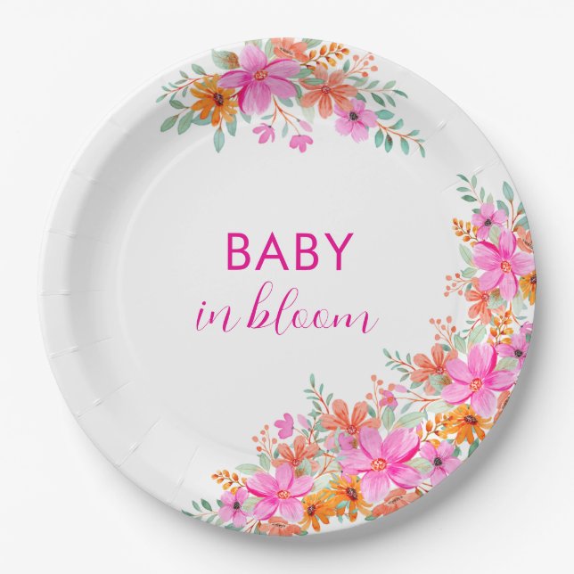 Baby in Bloom bright summer floral shower  Paper Plate (Front)