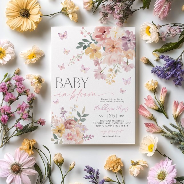 Baby in Bloom Butterfly Floral Peach Baby Shower Invitation (Baby in Bloom Butterfly Floral Baby Shower Invitation in peach, purple and pink)