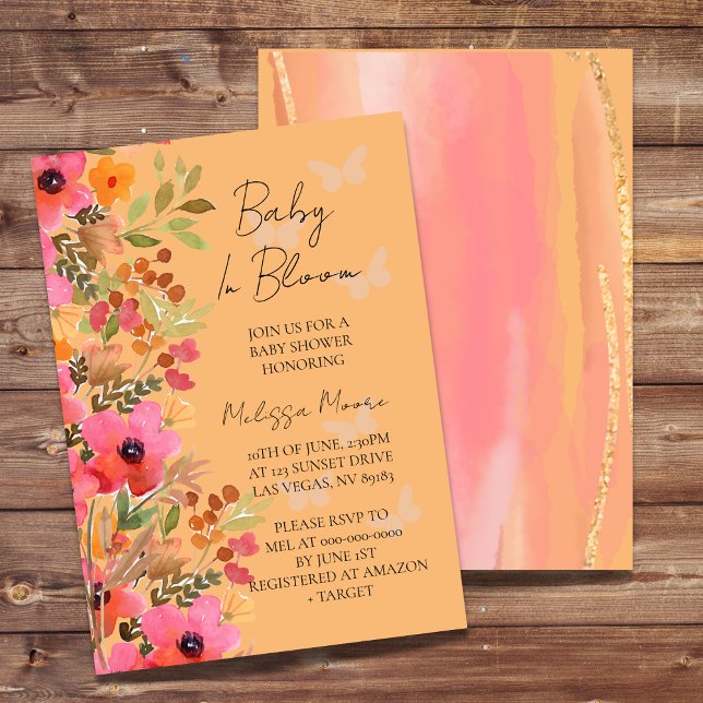 Baby in bloom butterfly, peaches and pink flowers invitation (Creator Uploaded)