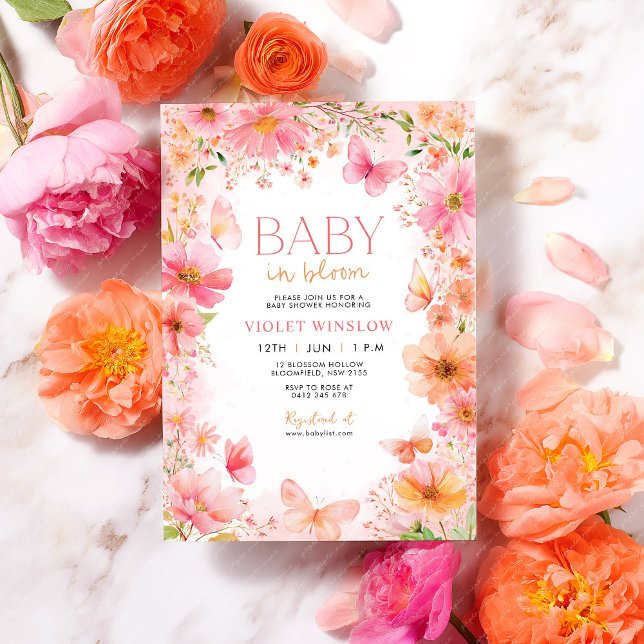 Baby in Bloom Butterfly Wildflower Baby Shower Invitation (Bright Baby in Bloom Baby Shower invitation with flowers and butterflies)