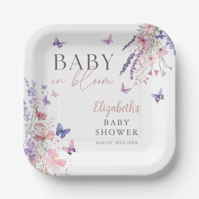 Baby In Bloom Butterfly Wildflowers Baby Shower Paper Plate (Front)