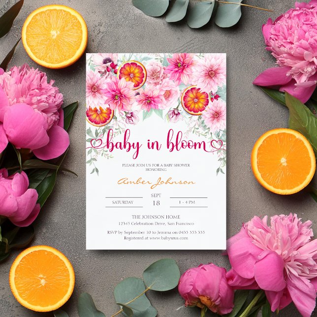 Baby in Bloom Citrus and Pink Floral Baby Shower Invitation (Baby in bloom baby shower invitation with pink flowers and slices of orange)
