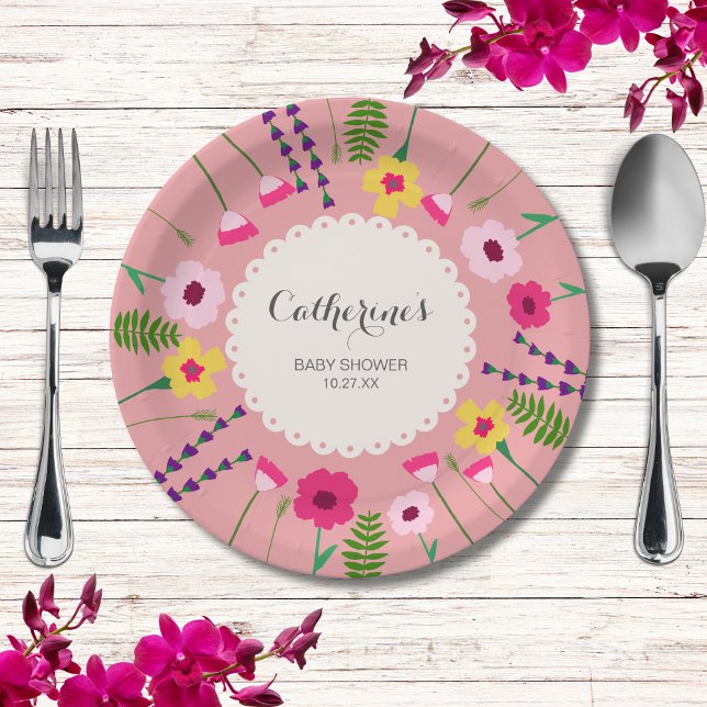 Baby In Bloom Colourful Floral Peach Baby Shower Paper Plate (Creator Uploaded)