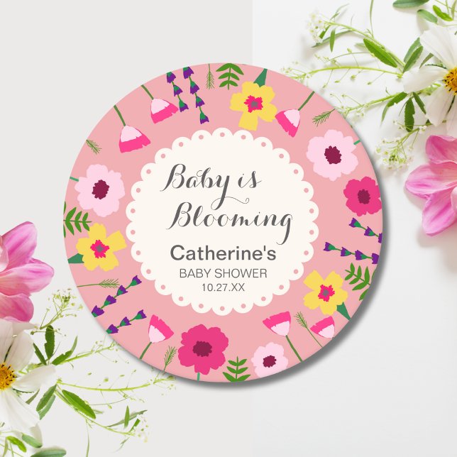 Baby In Bloom Colourful Floral Peach Baby Shower Round Paper Coaster (Creator Uploaded)