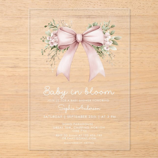 Baby In Bloom Coquette Pink Bow  Baby Shower  Acrylic Invitations (Front)