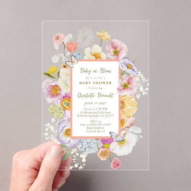 Baby In Bloom Coral & Peach Floral Baby Shower Acrylic Invitations (Insitu (Handheld))