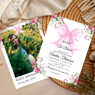 Baby in Bloom cute watercolor Pink Bow Floral Girl Invitation