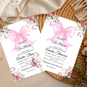 Baby in Bloom cute watercolor Pink Bow Floral Girl Invitation