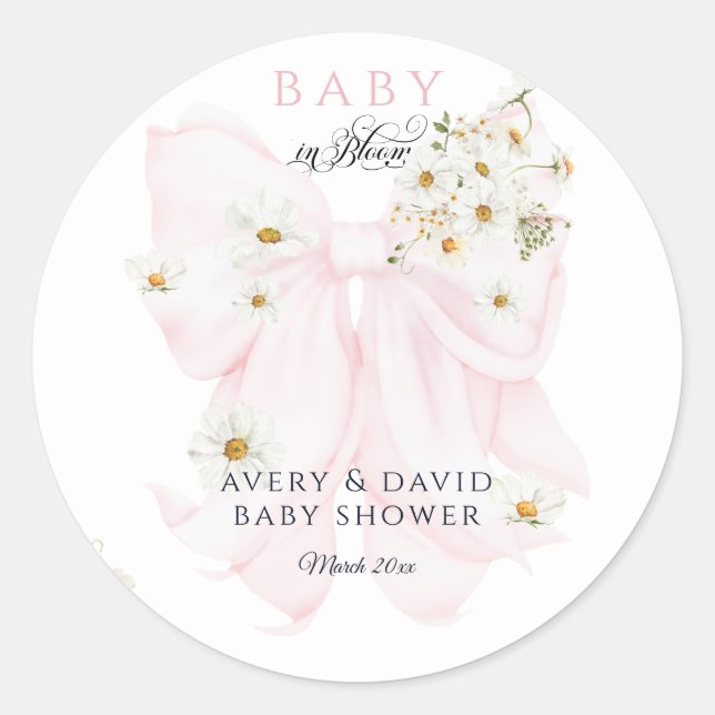 Baby in Bloom Daisy Pink Bow Girl Baby Shower Classic Round Sticker (Front)