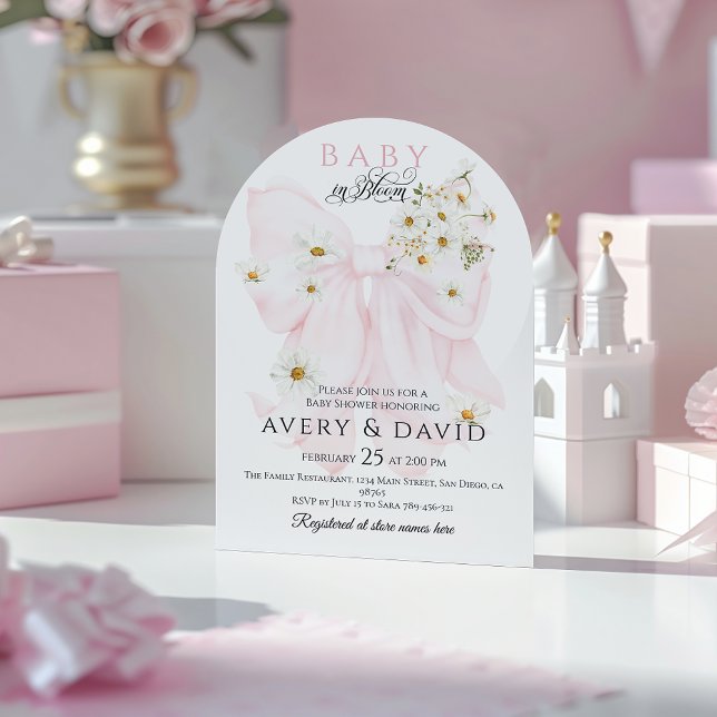 Baby in Bloom Daisy Pink Bow Girl Baby Shower Invitation (Creator Uploaded)