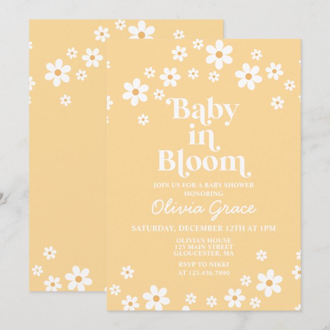 Baby in Bloom Daisy yellow Floral Baby Shower Invitation (Front/Back)