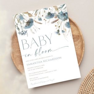 Baby in Bloom Dusty blue beige boy baby shower Invitation