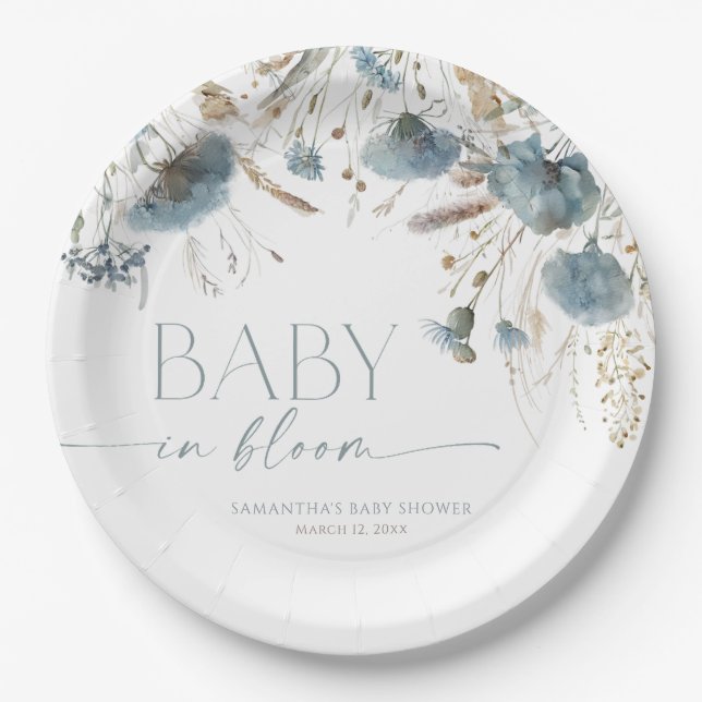 Baby in Bloom Dusty blue beige boy baby shower Paper Plate (Front)