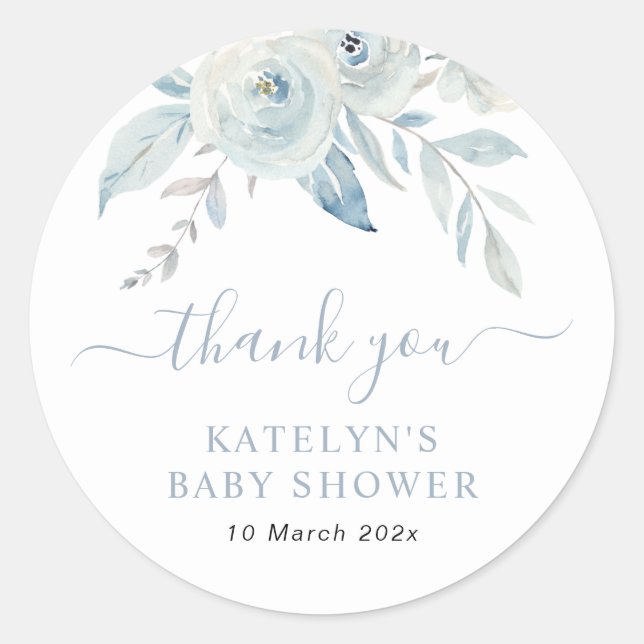 baby in bloom dusty blue floral baby shower  classic round sticker (Front)