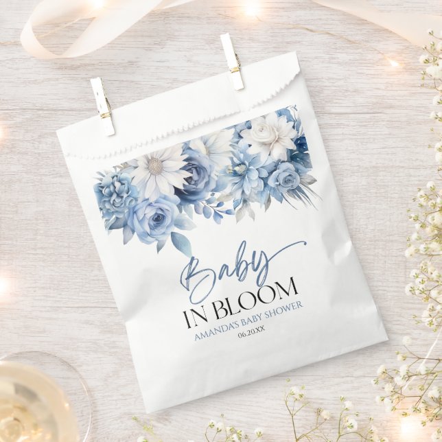 Baby In Bloom Dusty Blue Floral Baby Shower Favour Bags (Clipped)