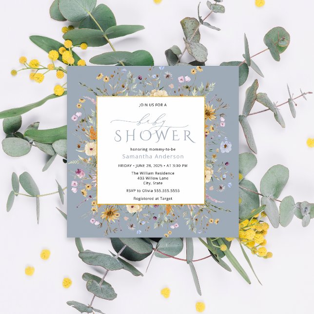 Baby in Bloom Dusty Blue Floral Baby Shower Invitation (Creator Uploaded)