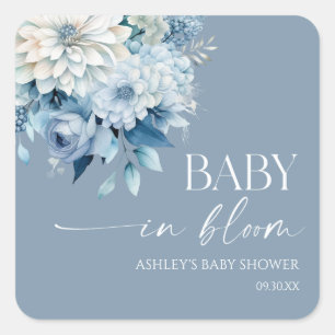 Baby In Bloom Dusty Blue Floral Baby Shower Square Sticker