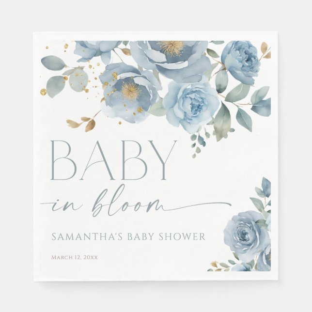 Baby in Bloom Dusty blue floral boy baby shower Napkin (Front)