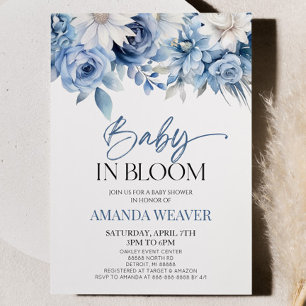 Baby In Bloom Dusty Blue Floral Flower Baby Shower Invitation