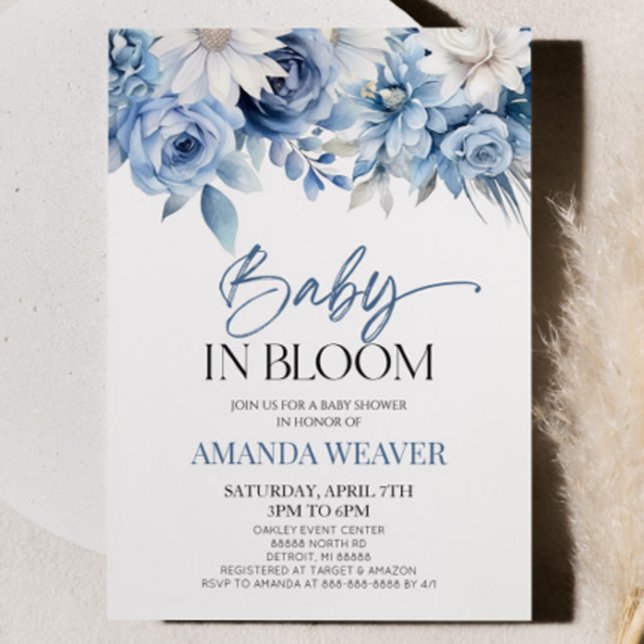 Baby In Bloom Dusty Blue Floral Flower Baby Shower Invitation (Creator Uploaded)