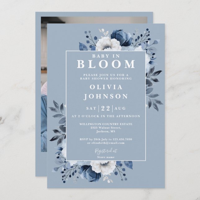 Baby In Bloom Dusty Blue Floral Photo Baby Shower Invitation (Front/Back)
