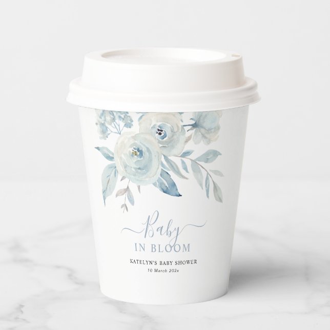 baby in bloom dusty blue flowers baby shower  paper cups (Front)