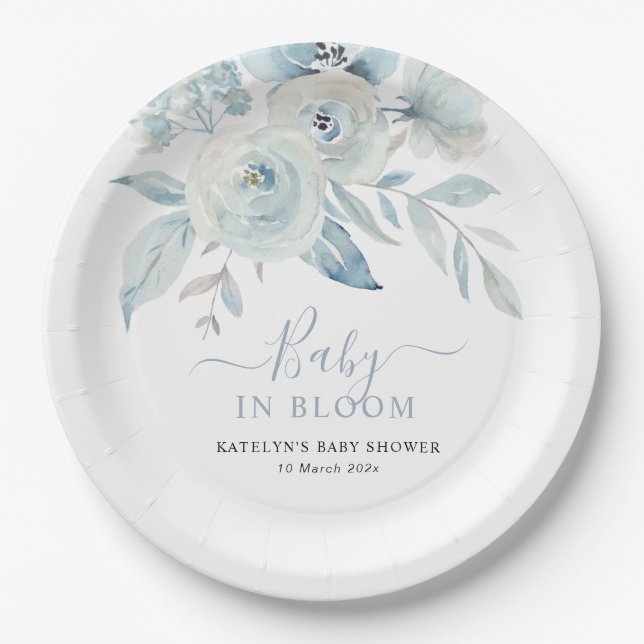 baby in bloom dusty blue flowers baby shower  paper plate (Front)