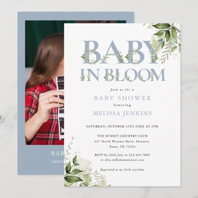 Baby In Bloom Dusty Blue Foliage Photo Baby Shower Invitation (Front/Back)