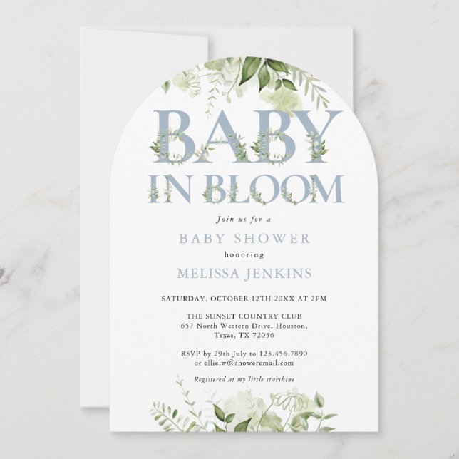 Baby In Bloom Dusty Blue Greenery Baby Shower Invitation (Front)