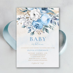 Baby in Bloom Dusty Blue Roses Elegant Baby Shower Invitation