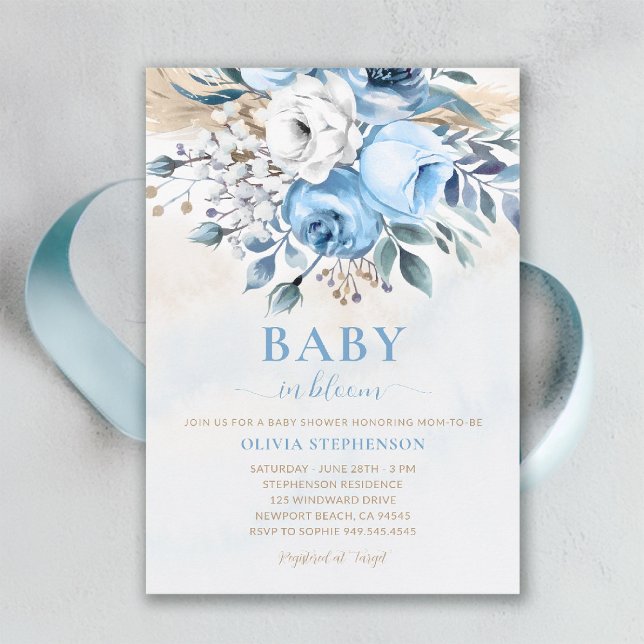 Baby in Bloom Dusty Blue Roses Elegant Baby Shower Invitation (baby in bloom shower invitation dusty blue roses watercolor garden backyard rustic spring summer)