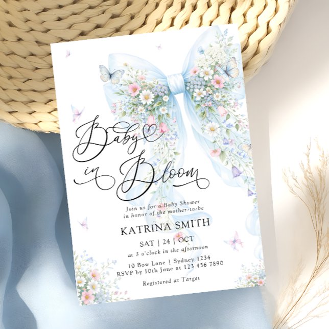 Baby in Bloom Elegant Blue Bow Baby Shower Invitation (Creator Uploaded)