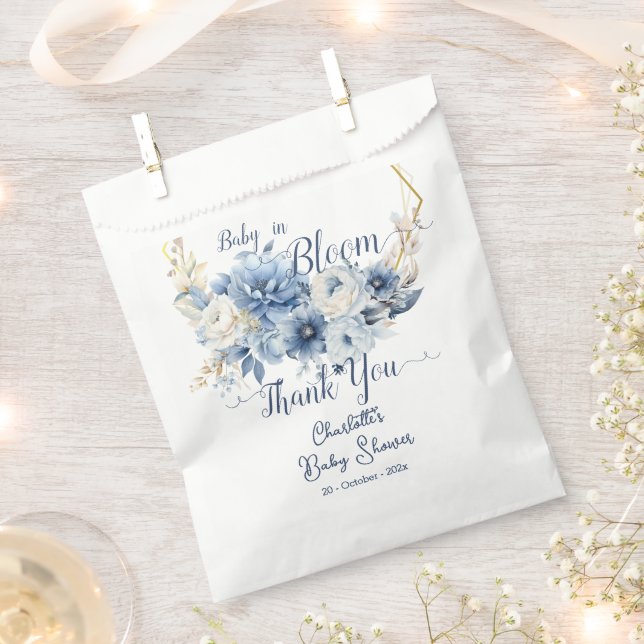 Baby In Bloom Elegant Blue Flowers Baby Shower Favour Bags (Clipped)