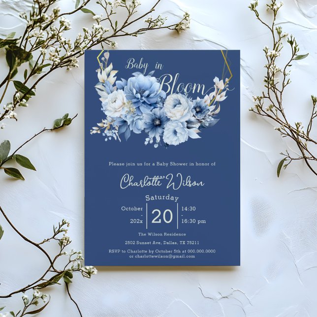 Baby In Bloom Elegant Blue Flowers Baby Shower Invitation (Creator Uploaded)